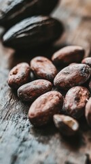 Cacao beans arranged on a rustic wooden table, with cacao pods adding to the natural vibe