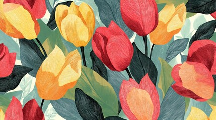 87.A vibrant hand-drawn illustration of tulips and ivy leaves in a repeating abstract pattern, showcasing trendy colors with subtle textured details, ideal for textiles and decorative throw pillows.