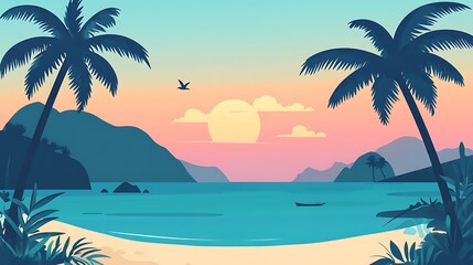 Fototapeta premium Serene Sunset Tropical Beach Scene With Palm Trees
