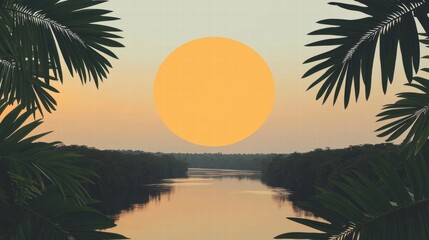 Stunning Sunset Over a River Framed by Lush Tropical Leaves, Creating a Serene and Tranquil Natural Landscape for Relaxing Moments