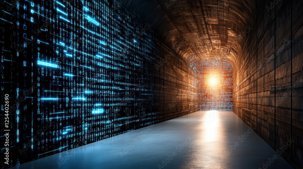 Poster futuristic tunnel with glowing data streams and bright light end evokes sense of cybersecurity