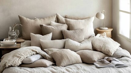 6.A tranquil bedroom corner with a bed stacked with numerous pillows in neutral shades, a bedside table featuring a ceramic lamp, a glass of water, and a small stack of magazines.