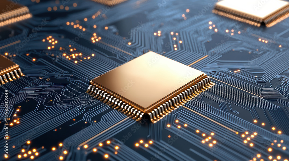 Poster high tech microchip on circuit board with glowing connections