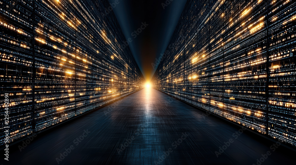 Poster futuristic corridor illuminated by glowing data streams, symbolizing advanced technology and