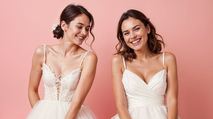 two happy woman with smiles on their faces in white wedding dress on pure pink background