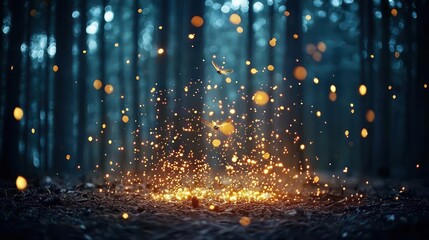 Mystical Forest Fire Sparks Glowing Night