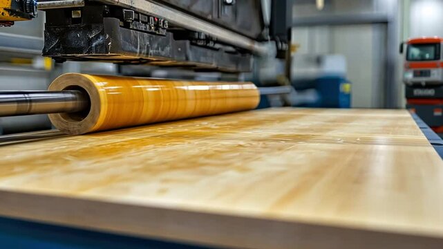 Applying Laminate: Close-up shot of a large roll of laminate being applied to a wood surface using industrial machinery in a factory setting.