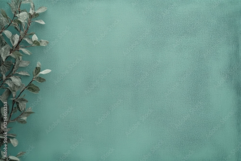 Poster flat lay view of a light green background with a branch of leaves placed on the left side for a clea