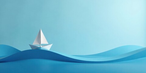 Fototapeta premium A Small Paper Boat Navigates Gentle Blue Waves on a Serene Background