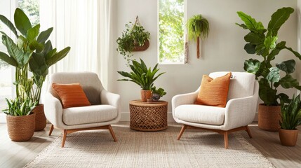 113.A serene living space with two accent chairs in earthy fabrics, each styled with cozy throw pillows, and a collection of houseplants enhancing the room's eco-friendly vibe.
