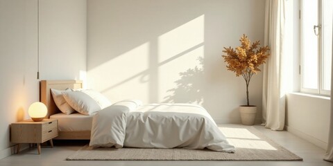 Serene Bedroom Interior Design Minimalist Light-Filled Space with Wooden Bed and Natural Decor