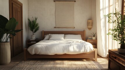 27.A serene bedroom featuring a wooden bed dressed in crisp white linens, surrounded by warm neutral tones, a woven rug, and a small potted plant by the bedside.