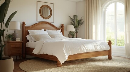 27.A serene bedroom featuring a wooden bed dressed in crisp white linens, surrounded by warm neutral tones, a woven rug, and a small potted plant by the bedside.