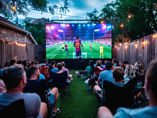Outdoor Movie Night: A vibrant crowd gathers in a backyard setting, captivated by a large screen showcasing a live sporting event under a sky filled with twinkling lights.