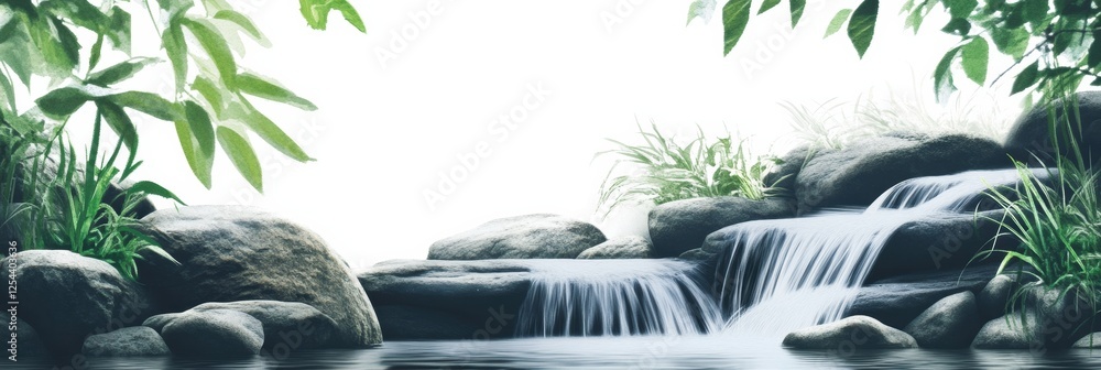 Poster tranquil water flows over smooth stones in a lush green landscape during a calm afternoon. generativ