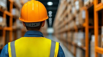 Worker in Bright Yellow Safety Vest and Helmet Observing Warehouse Storage Aisle
