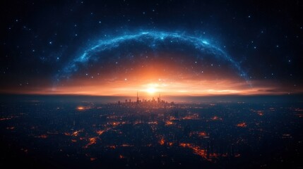 Futuristic city skyline at sunrise, enveloped by a glowing celestial sphere.