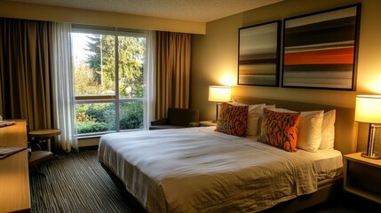 39.A modern motel guest room featuring a perfectly arranged double bed with crisp white linens, accented by patterned throw pillows and a neutral-toned wall backdrop.