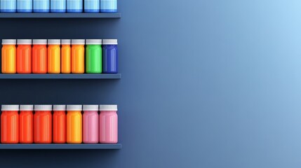 Vibrant Colorful Bottles on a Shelf Against a Blue Background for Creative Projects