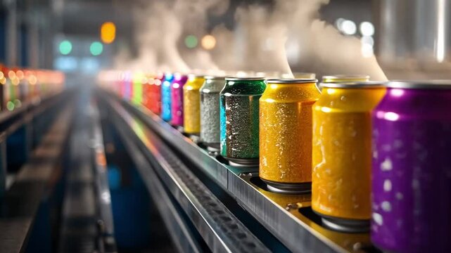 Colorful Cans on Conveyor Belt: Rows of vibrant, colorfully printed aluminum cans roll along a conveyor belt in a manufacturing plant, bathed in the steamy haze of production.