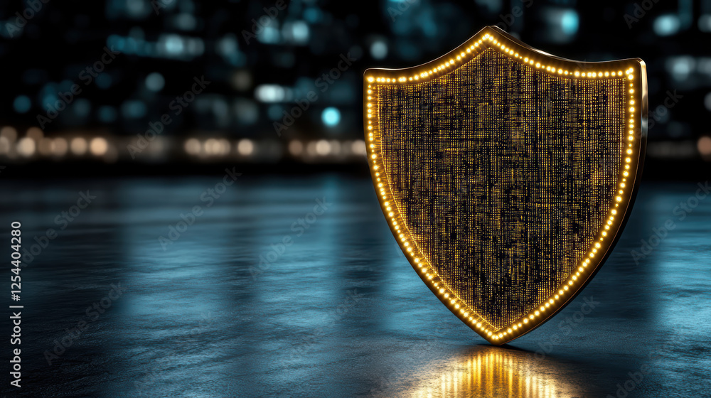 Poster glowing shield symbolizing advanced cybersecurity protection in modern setting