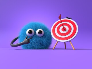 Fluffy, cute monster with a target, symbolizing goals or achievements. 3D rendering, conceptual image. Isolated on white background.