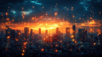 Naklejka premium Futuristic city skyline at sunset with digital data streams. (1)