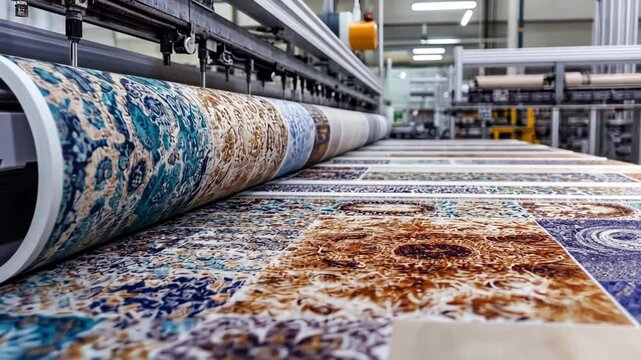 Carpet Manufacturing Process: Close-up view of a sophisticated carpet manufacturing machine, showcasing vividly colored carpets emerging from large rollers.