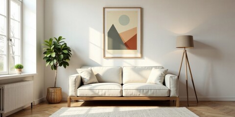 Fototapeta premium Serene Living Room Interior Design with Modern Minimalist Art and Natural Light