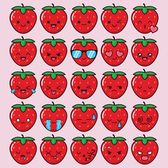 Cute Kawaii Strawberry Sticker Emoticon Emoji Set