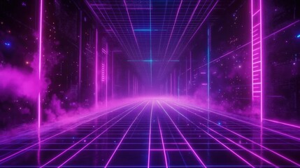 Futuristic retro landscape. Digital cyber surface with neon light grid. Cyberspace or metaverse. Technology, ai and vr concept. Virtual reality. 80s and 90s retrowave, synthwave, vaporwave style