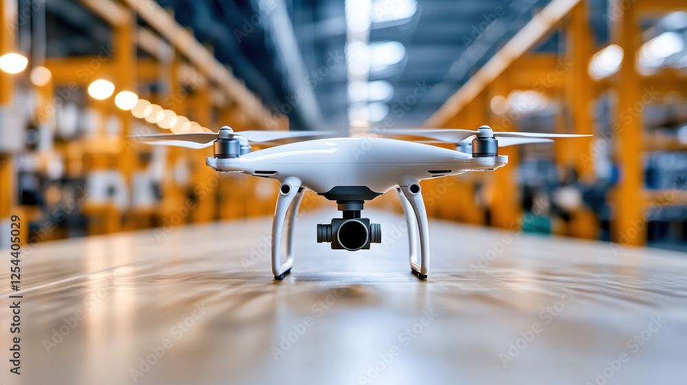 Poster high tech drone in modern factory setting, showcasing advanced automation