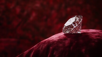 Obraz premium 22.A high-end display featuring a gleaming diamond perched on a deep red velvet cushion, captured in a studio setting with a vivid red background and subtle shadows.