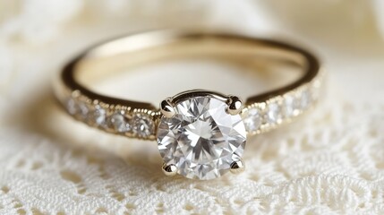 Close Up of a Gold Band Diamond Engagement Ring Displaying Intricate Details and a Glistening Gemstone Against a Soft Textured White Fabric Background