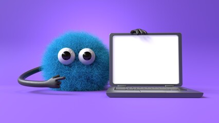 Fluffy, cute monster presenting a laptop, symbolizing tech support or digital learning. 3D rendering, conceptual image. Isolated on white background.