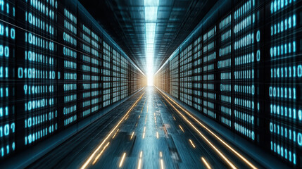 Fototapeta premium futuristic data tunnel with glowing binary code and light at end