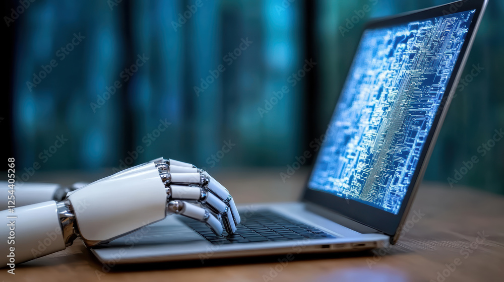 Poster robotic hand interacting with laptop displaying complex circuitry