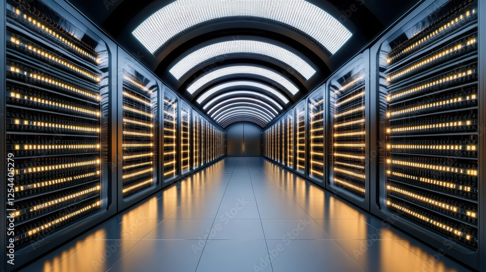 Poster futuristic data center with illuminated server racks and sleek design