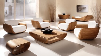 A bright and airy minimalist living room with sleek furniture, a modern coffee table, and warm wooden tones.