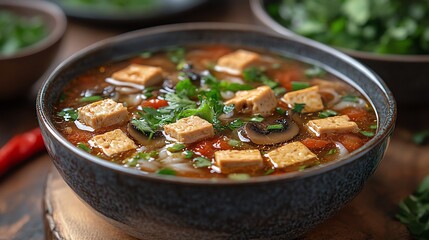 A delicious bowl of hearty soup filled with vegetables, tofu, and aromatic herbs, perfect for a comforting meal or a healthy choice any day. Vibrant and appetizing dish.