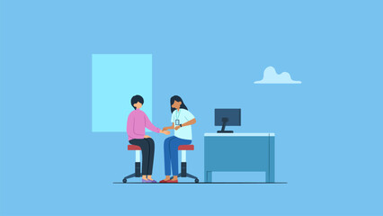Vector illustration of general practitioner or doctor counting pulse by holding hand of sick patient. Concept illustration of health check up, medical consultation and diagnosis.