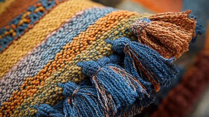 76.A detailed image of a woven throw pillow with tassel accents, capturing the craftsmanship and the rich interplay of colors and materials.