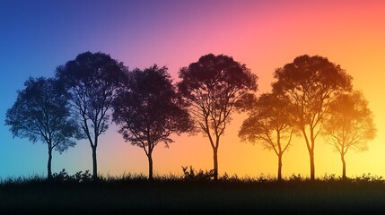 Fototapeta premium Four Silhouetted Trees at Sunset Over Grassland