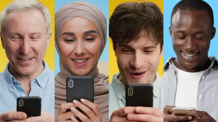 A group of four friends of different backgrounds is attentively interacting with their smartphones, expressing a range of emotions from surprise to joy, against a bright background.