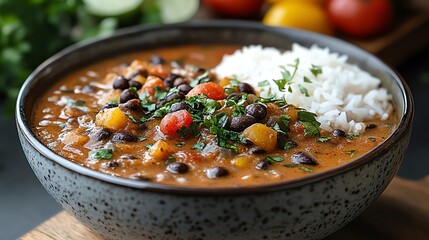A delicious bowl of hearty stew with black beans, colorful vegetables, and fluffy rice garnished with fresh herbs, perfect for a wholesome meal any day.