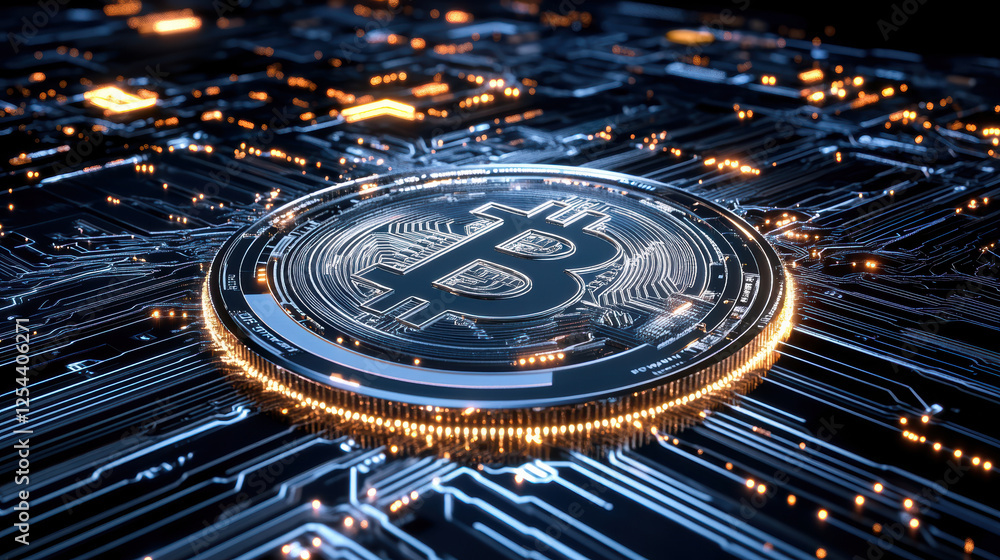 Poster digital currency symbol on circuit board, representing blockchain technology