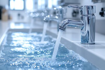 Modern kitchen sink with flowing water, reflecting bright light, creating a serene atmosphere