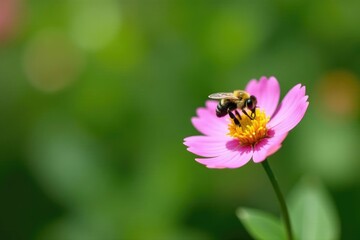 A bee flies in and out of a small pink flower, bees, flowers, nature