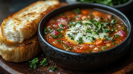 A delicious bowl of hearty vegetable soup topped with fresh herbs, served with toasted garlic bread on the side. Perfect for a cozy meal or a comforting dish on a chilly day.