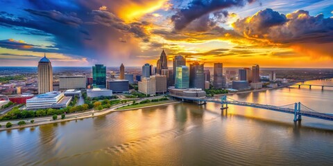 Obraz premium Aerial view of downtown Louisville on the Ohio River at sunset, dusk, clouds, dusk, clouds, trees, architecture, sun, cityscape